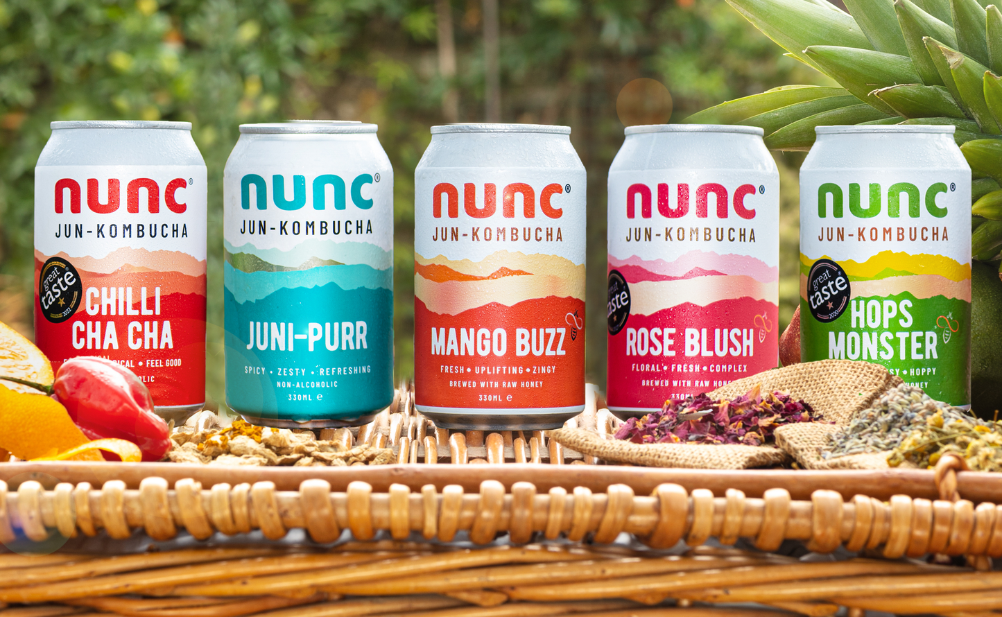 Nunc's full flavour range of all natural alcohol free kombucha drinks. Packed full of antioxidants, beneficial acids, and other goodness for your gut health.